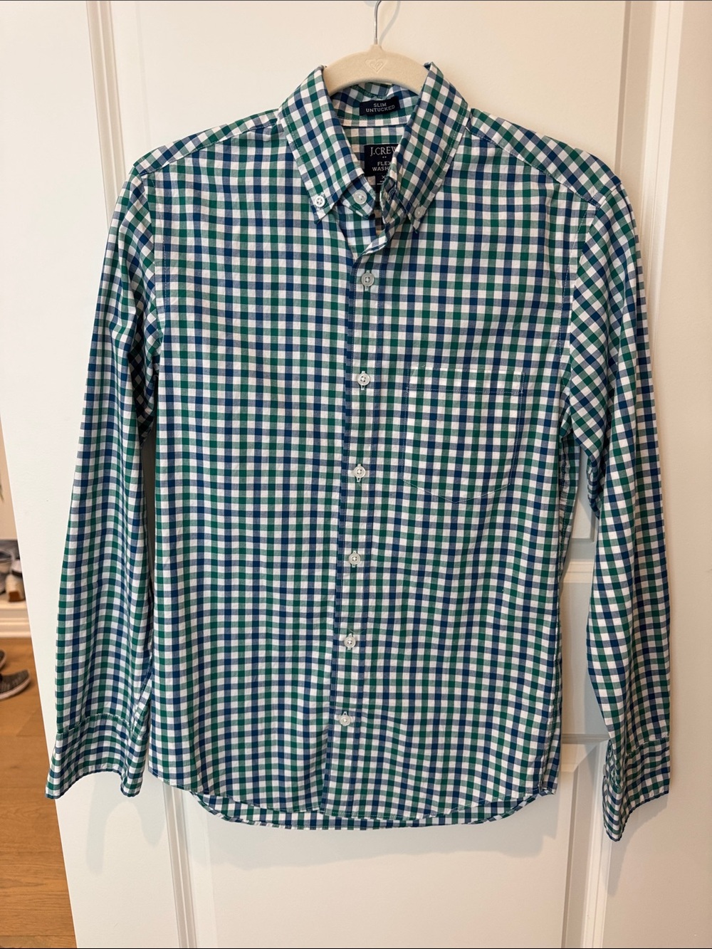 J. Crew Men’s Flex Washed Slim Untucked Blue and Green Gingham Button-Down Shirt